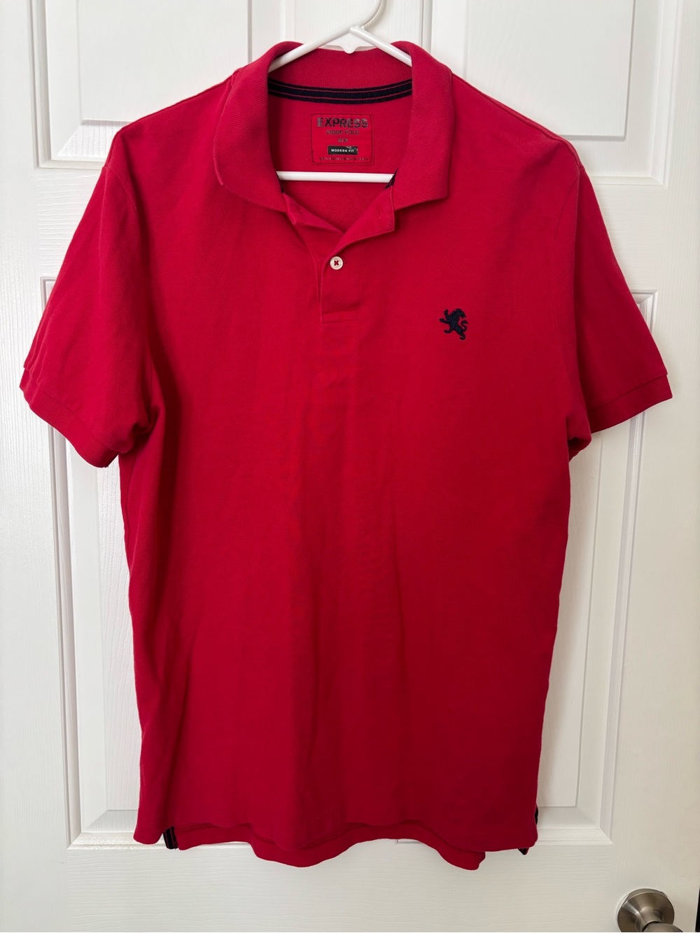 Express Men’s Bright Red Polo with Navy Embroidered Lion medium